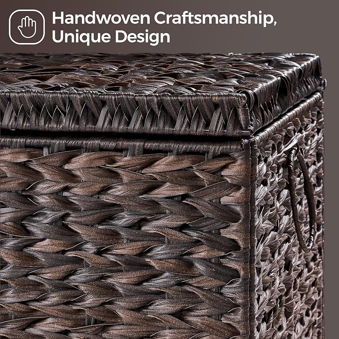 165L Handwoven Wicker Storage Basket with Lid, Large Storage Trunk | Leather Buckle Closure; Waterproof PP Wicker; Large Metal Ring Handles; Reinforced Steel Frame