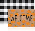 Moucuny 2 Pcs Fall Coir Doormat Outdoor Fall Pumpkin Welcome Outdoor Rugs for Layered Buffalo Black White Plaid Mats for Autumn Thanksgiving Front Door Porch Entryway Decor