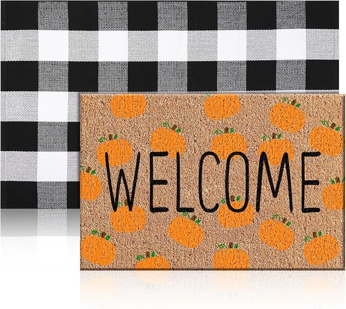 Moucuny 2 Pcs Fall Coir Doormat Outdoor Fall Pumpkin Welcome Outdoor Rugs for Layered Buffalo Black White Plaid Mats for Autumn Thanksgiving Front Door Porch Entryway Decor