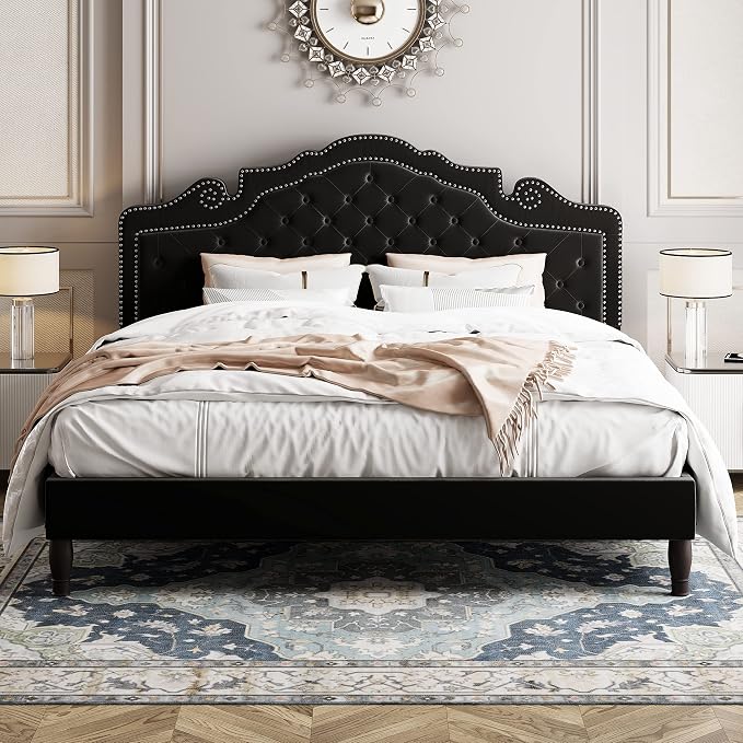 Allewie King Bed Frame with Adjustable Velvet Tiara Headboard, Upholstered Diamond Button Tufted Platform Bed, Wood Slats Support, No Box Spring Needed, Mattress Foundation, Easy Assembly, Black