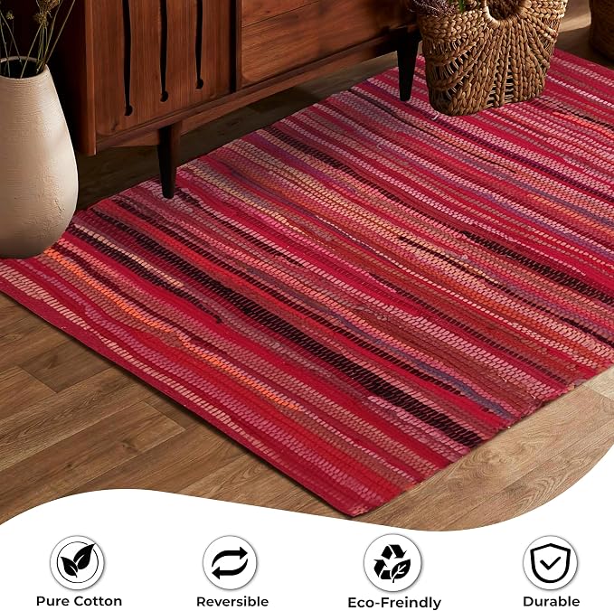 Ramanta Home Hand Woven Cotton Chindi Rug 3'x5' - Red, Braided Recycled 100% Cotton Rug for High Traffic Area, Farmhouse Boho Rugs for Living Room, Kitchen Entryway Bedroom Floor Mat - 36"x60"