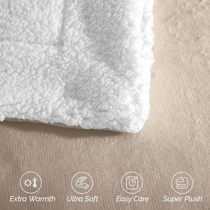 Elegant Comfort Ultra Soft Reversible Flannel Sherpa Blanket - Cozy Silky Fleece Throw for Couch, Bed - Plush Fuzzy Warm Winter Blanket for Gift, Full, Cream