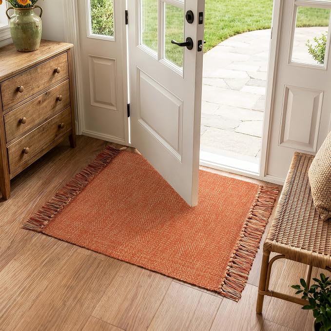 Collive Small Bathroom Rug 2' x 3', Modern Farmhouse Kitchen Mat Hand-Woven Washable Entryway Rugs, Reversible Low Profile Front Door Mat Terracotta Fall Carpet for Porch Back Bedroom Decor