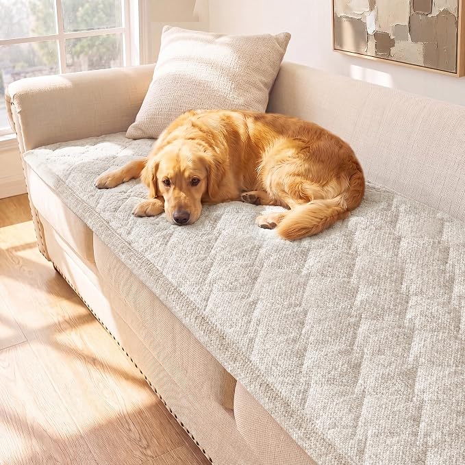 H.VERSAILTEX Chenille Couch Cover for Dogs Washable Soft Loveseat Covers Sectional Sofa Cover Heather Blending Non-Slip Thick Couch Protector Dog Pet Bed Covers(Heathered Ivory, 28" x 59")