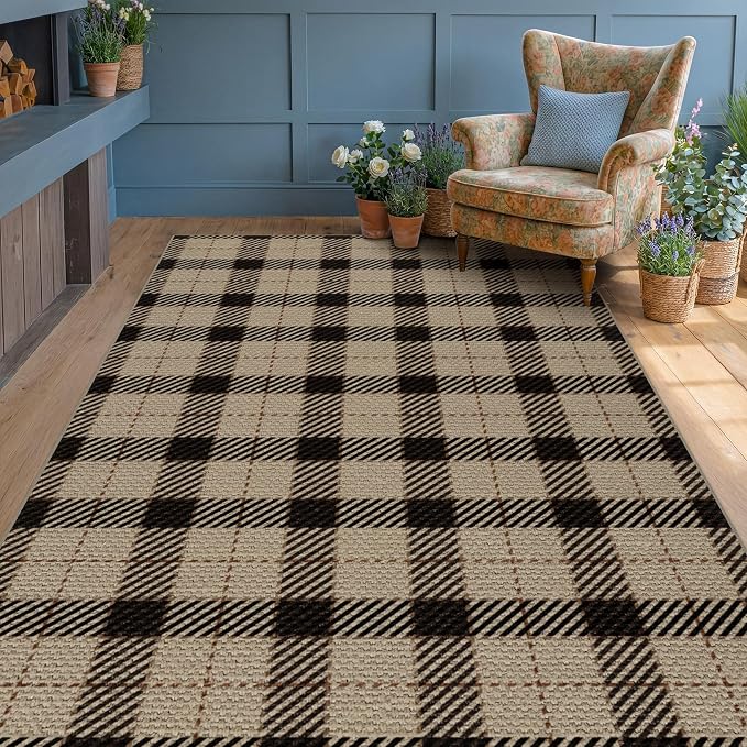 Jute Rug 6x9 for Living Room, Washable Black and Brown Rug for Dining Room, Indoor Outdoor Geometric Non Slip Vintage Farmhouse Carpet for Camping, Classic Beige Plaid Décor