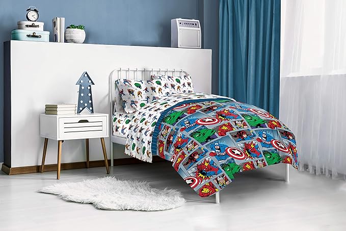 Marvel Comics Iron Man Twin Comforter Set 4 Piece Kids Bedding, Multi | Hulk Captain America, Bed in a Bag, Comforter Sheets Pillowcase, Soft Microfiber, Machine Washable, Boys Gift