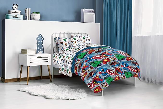Marvel Comics Iron Man Full Size Comforter Set 5 Piece Kids Bedding, Multi | Hulk Captain America, Bed in a Bag, Comforter Sheets Pillowcases, Soft Microfiber, Machine Washable, Boys Gift