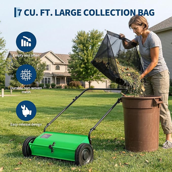 26 Inch Push Lawn Sweeper, 7 Cu ft Hopper Bag, Carbon Steel Frame | Heavy Duty Walk Behind Leaf Collector and Yard Sweeper, Adjustable Brush Height Push Lawn Sweeper for Garden Patio Driveway