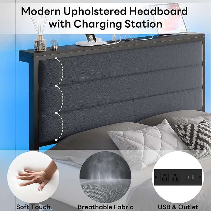 LIKIMIO Full Size Bed Frame with 2 Storage Drawers, Upholstered Headboard | Full Platform Bed Frame with Charging Station & LED Lights, Modern Style, Noise Free, No Box Spring Needed, Black and Grey