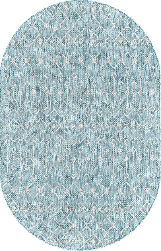 Unique Loom Outdoor Trellis Collection Area Rug - Tribal Trellis (5' 3" x 8' Oval, Aqua/ Ivory)