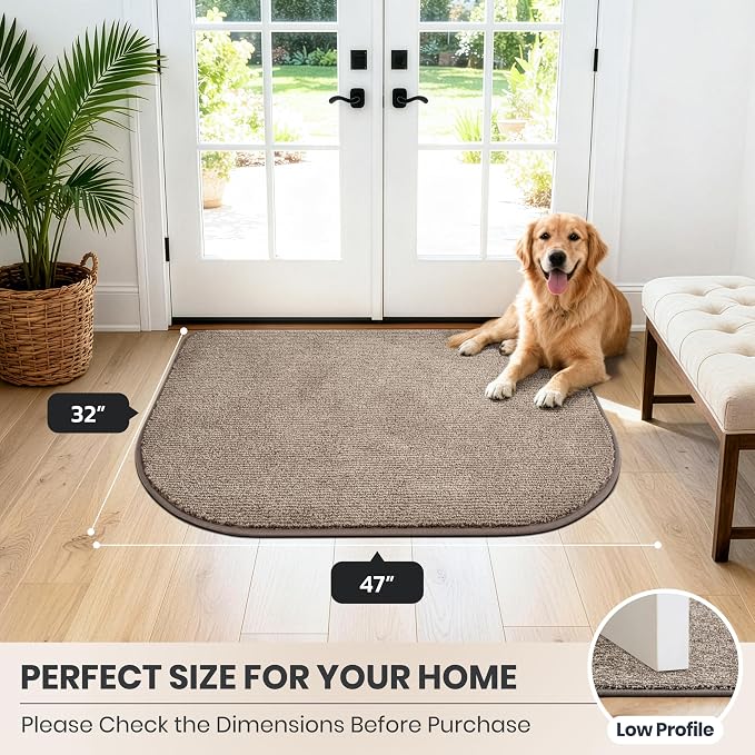 PURRUGS Dirt Trapping Door Mat Half Round 32" x 47", Non-Slip Machine Washable Entry Rug, Entrance Mat, Indoor Front Door Mat, Super Absorbent Entryway Rug for Muddy Shoes & Paws, Heathered Beige