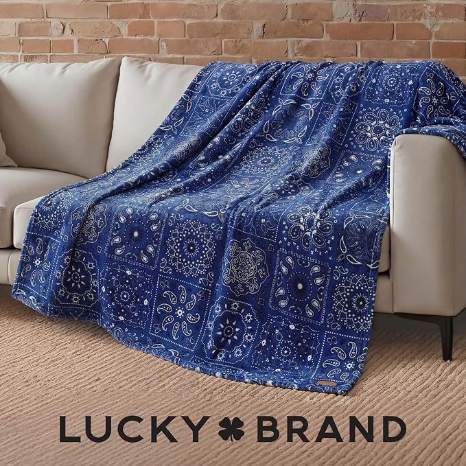 Lucky Brand 50" x 70" Plush Throw Blanket, Bandanny Navy Blue Blanket for Sofa or Bed