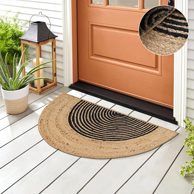 Boho Braided 1.5x3 Area Rug - Jute Natural Fiber Half Round Rug for Living Room Entryway, Farmhouse, Home, Indoor Rugs Jute Door mat for Bathroom, Kitchen (Black, Natural 1.5 X 3 ft)