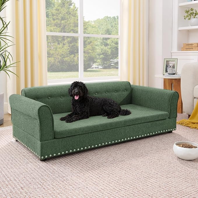 55" Dog Sofa for Medium to Large Dogs, Button Tufted Dog Couch Bed with Backrest and Armrests, Durable Memory Foam Pet Bed, Removable Cushion for Medium and Large Dogs, Green