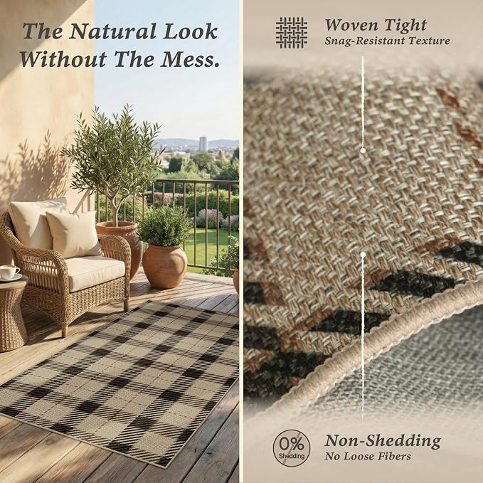 Easy Jute Area Rug 5x7, Washable Indoor Outdoor Plaid Rug for Living Room, Patio, Entryway, Bedroom, Farmhouse Non Slip Black & Tan Rug