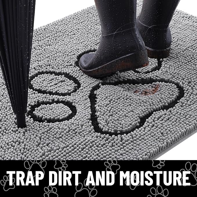 Smiry Dog Door Mat for Muddy Paws, Absorbent Dirt Trapper Non Slip Quick Dry Washable Chenille Mat for Mud Dogs, Entry Rug for Indoor and Outdoor (54x24 Inches, Grey and Black)