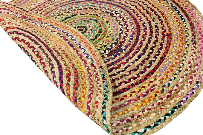 COTTON CRAFT Jute Chindi Braid Rag Rug - Boho Farmhouse Rustic Area Accent Throw Rug - Handwoven Reversible Natural Recycled Cotton - Living Room Den Study Home Décor Gift - 8 Feet Round - Multi Color