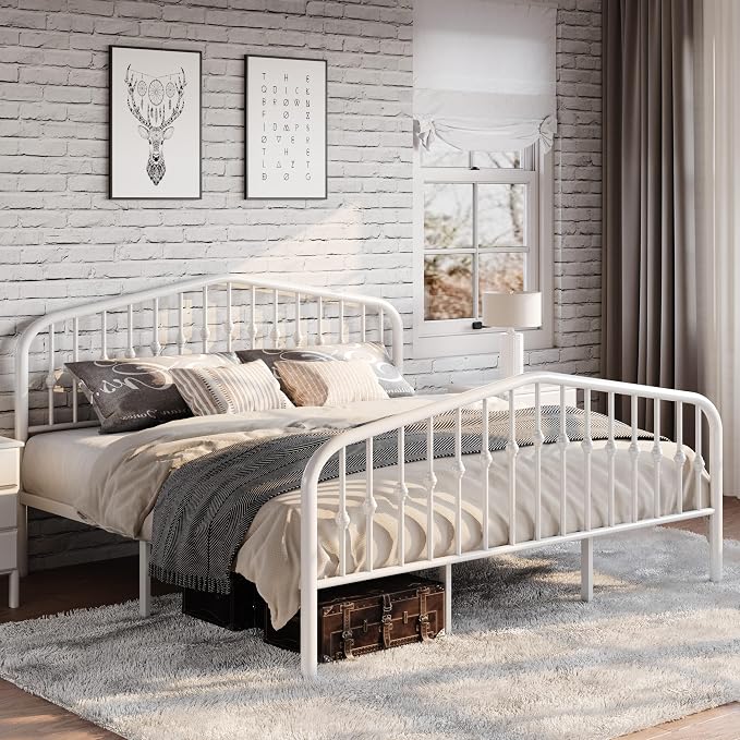 SHA CERLIN King Size Metal Bed Frame with Wrought Iron-Art Headboard, White | Victorian Style Metal Platform Bed Frame, Wrought Iron-Art Headboard and Footboard, Under-Bed Storage, No Box Spring Needed
