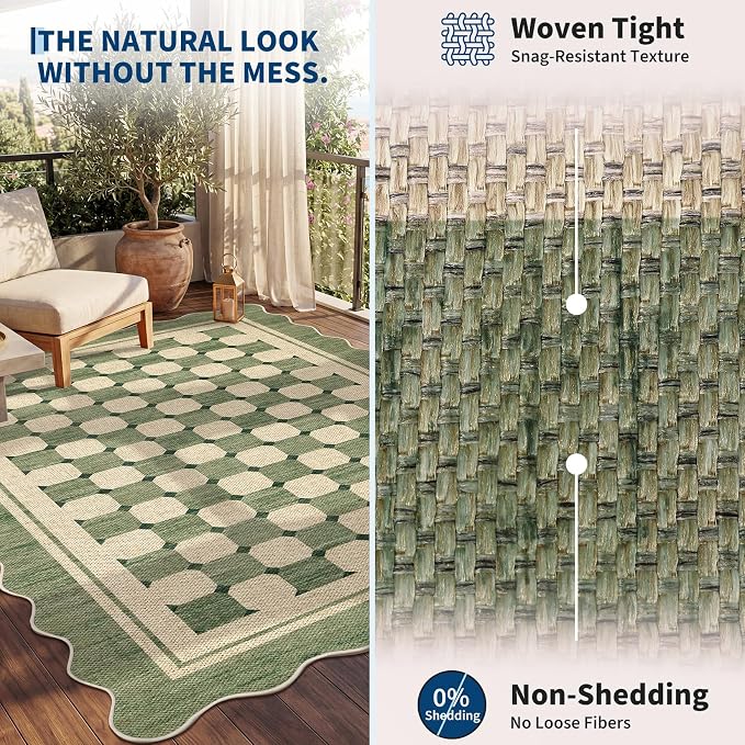 Garvee Scalloped Washable 2x6 Kitchen Runner Rug, Easy Jute Checkered Green Rugs for Entryway Hallway, Indoor Outdoor Non Slip Rug Farmhouse Modern Carpet Door Mat for Porch Bedroom Laundry Room 2'x6'