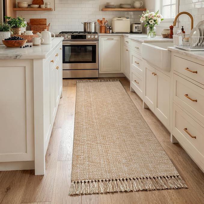 Collive Boho Hallway Runner Rug, 2.6' x 7' Washable Bathroom Mats Modern Farmhouse Braided Kitchen Runner Rugs, Tan Hand Woven Entry Hall Carpet for Laundry Bedroom Decor