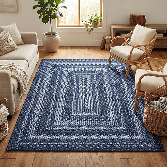 Garvee Easy Jute Outdoor Rug 5x7 Washable Rug Non Slip Braided-Print Neutral Rugs for Living Room Indoor Outdoor Farmhouse Rugs Ultra-Thin Non-Shedding Foldable Mat for Bedroom Kitchen Porch Navy Blue