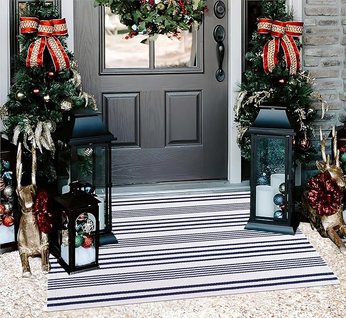 Blue and White Striped Outdoor Rug 24'' x 35'' Door Mat Outdoor Machine Washable Welcome Mats Cotton Hand-Woven Entryway Rug for Front Porch/Entryway/Laundry/Bathroom/Bedroom