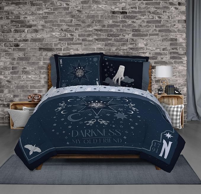 Wednesday Addams Queen Comforter Set 7 Piece Bedding for Girls, Blue | Bed in a Bag, Comforter Sheets Shams Pillowcases, Official Product, Soft Microfiber, Machine Washable, Girls Gift