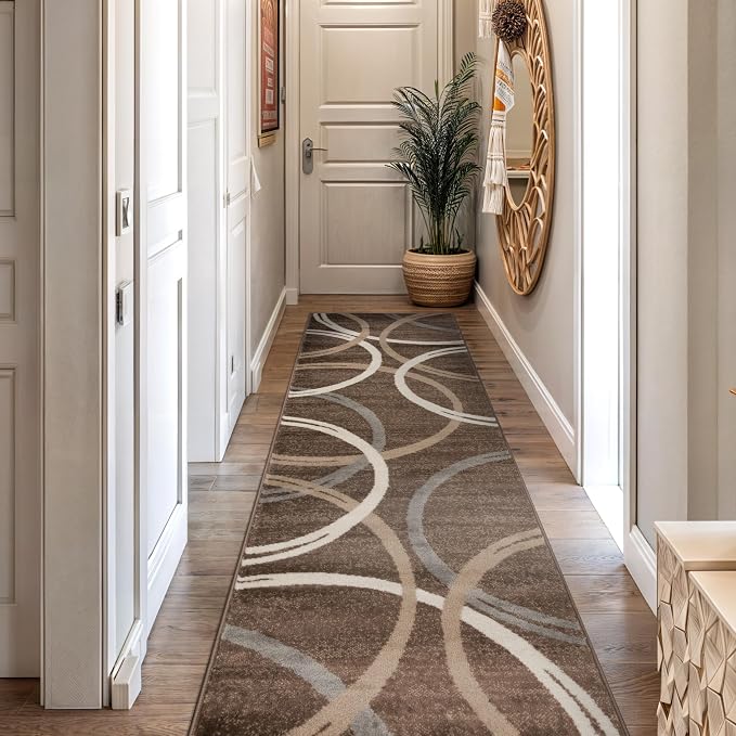 Rugshop Wavy Circles Modern Jute Backing Runner Rug Brown 2'7" x 8' | Rectangular, Size 2'7" x 8', Living Room, Bedroom, Dining Room, Home Office, Kitchen, Entryway, Hallway, Nursery, Kids Room