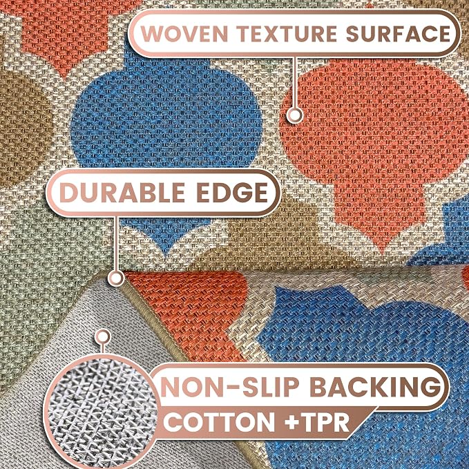 Washable 5x7 Moroccan Trellis Easy Jute Rug for Livingroom, Colorful Neutral Boho Outdoor Indoor Patio Large Area Rug, Woven Ultra Thin Non Slip Carpet Mat for Backyard Kids Bedroom Classroom Playroom