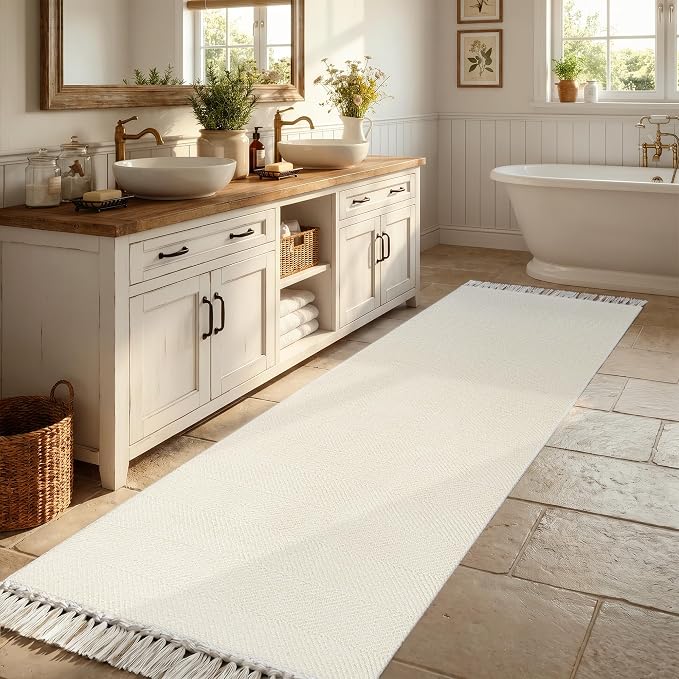 Collive Boho Washable Kitchen Runner Rug, Modern Farmhouse Hallway Runner Rug 2.6' x 8' White Bathroom Rugs, Hand Woven Entry Hall Carpet for Laundry Bedroom Decor