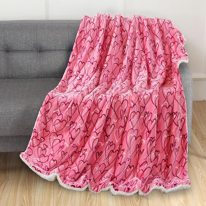 Elegant Comfort Valentine's Day Sherpa Fleece Throw Blanket for Couch - Soft and Warm Sherpa Backing Reversible Pink Hearts Flannel Blanket Valentines Decor, 50 x 60 inches, Amara
