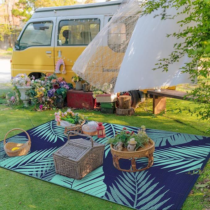 GENIMO Outdoor Rug, Waterproof Plastic Rugs for Patio, 9'x12' Blue Green | Outside Larger Leaf Carpet Mat for Porch Decor, Deck, Balcony, Camping, RV, Backyard, Picnic, Beach, Reversible, Foldable