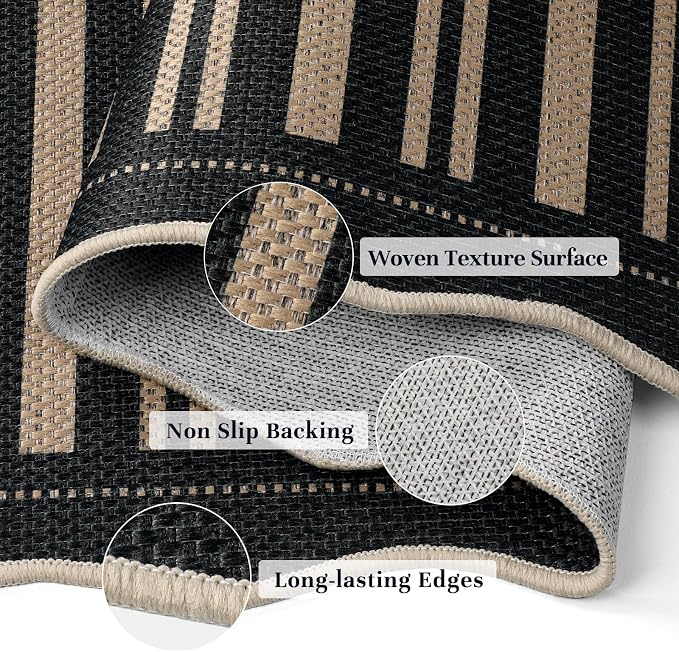 EDIMENS 2x3 Front Door Mat Easy Jute Scalloped Doormat Small Entryway Rug | Striped Non-Slip Washable Area Rug Low Pile Black Indoor Outdoor Farmhouse for Entrance Entry Front Porch Doorway