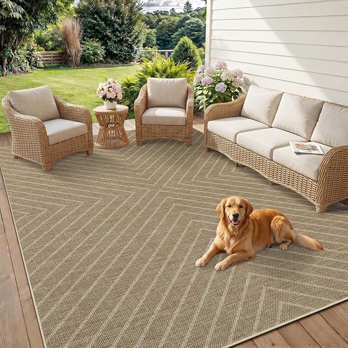 Garvee Easy Jute Rug 4x6 Outdoor Patio Rug, Washable Indoor Kitchen Rugs Non Slip Low Pile Stain Resistant Farmhouse Neutral Striped Area Rug for Entrance Living Room Backyard Bedroom 4'x6'