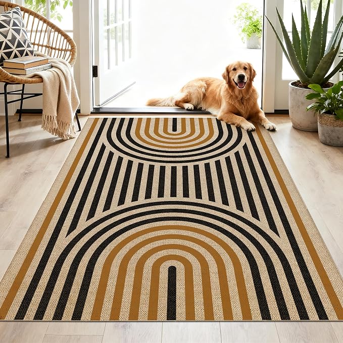 Washable Rainbow Easy Jute Rug 3x5, Outdoor Indoor Patio Modern Geometric Neutral Small Rugs, Woven Non Slip Thin Carpet Mat for Living Bedroom Entryway Front Door Farmhouse Doorway Ki