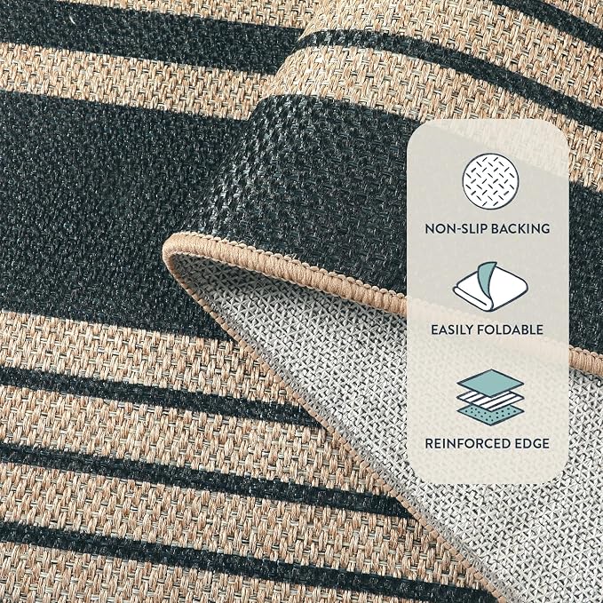Lahome Striped Easy Jute Living Room Rug, 6x9 Outdoor Area Rugs Washable | Porch Patio Rug Black, Modern Farmhouse Neutral Non Slip Stain Resistance Indoor Carpet for Dining Under Table Mudroom