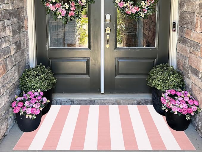 Pink White Outdoor Rug 2'x4',Striped Front Porch Rug Machine Washable Front Door Mat Entryway Throw Rug for Front Porch Indoor Outdoor Doormat