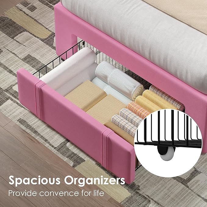 VECELO Twin Size Upholstered Bed Frame with Storage Drawer, Adjustable Velvet Rivet Decor Headboard, Wooden Slats Platform Support, No Box Spring Needed, Easy Assembly,Pink