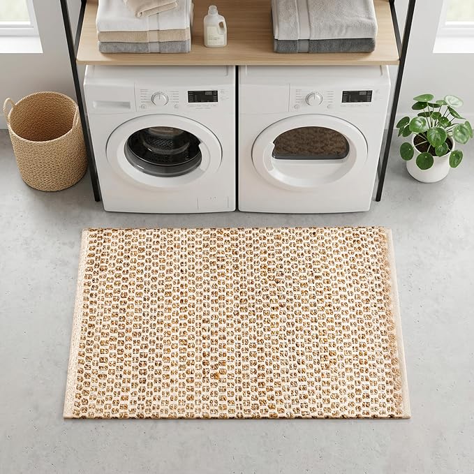 THE BEER VALLEY Jute Cotton Kitchen Rug 2x3 Feet - Natural | Small Neutral Area Door mat for Entryway, Easy Clean Outdoor Indoor Boho Entry Rugs