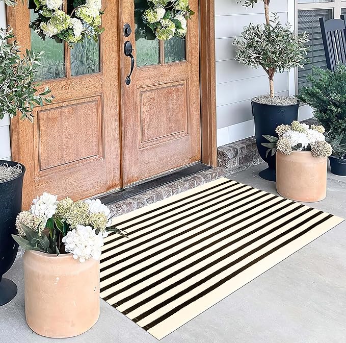 Black Beige Layered Doormat -2.3'x3.6' Striped Front Porch Rug Outdoor Washable Area Rug for Spring Welcome Mats Indoor Outdoor Doormat for Entryway Porch Entrance