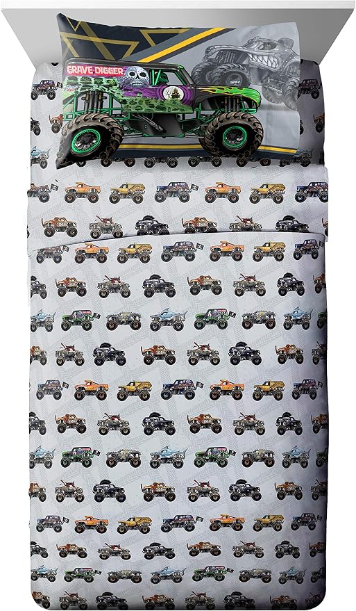 Jay franco Monster Jam MJ Life 4 Piece Twin Bed Set-Includes Reversible Comforter&Sheet Set-Bedding Features Grave Digger, Max-D, Megalodon-Super Soft Microfiber-(Official Monster Jam Product) | Grave Digger Megalodon, Bed in a Bag, Comforter Sheets Pi...