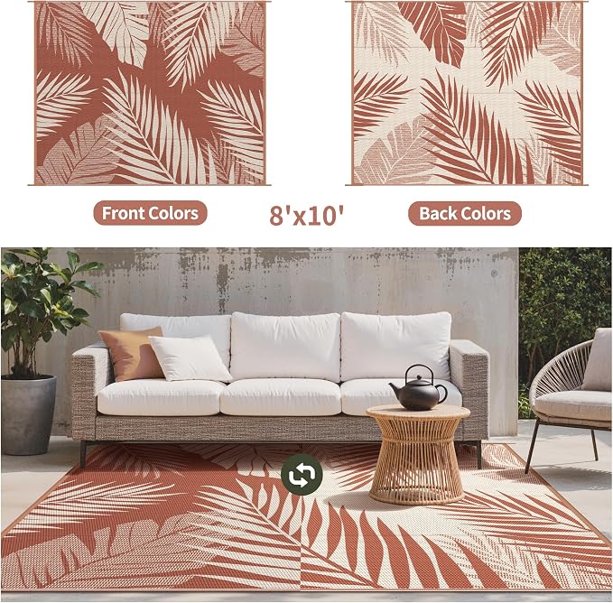 GENIMO Outdoor Rug, Waterproof Plastic Rugs for Patio, 8'x10' Brick Red | Outside Larger Leaf Carpet Mat for Porch Decor, Deck, Balcony, Camping, RV, Backyard, Picnic, Beach, Reversible, Foldable