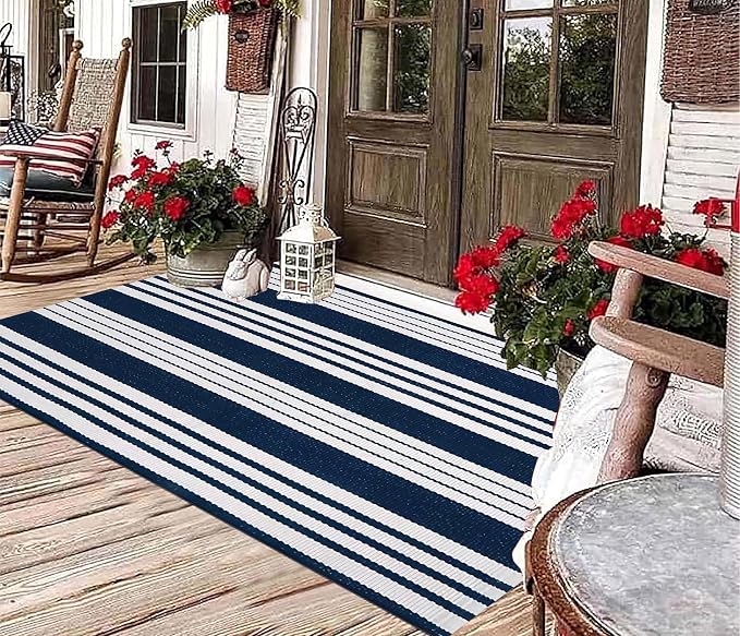 BUAGETUP Blue and White Outdoor Rug 3'x 5' Cotton Woven Washable Rug Striped Front Porch Rug Indoor/Outdoor Area Rug Floor Mat for Farmhouse/Layered Door Mats/Living Room