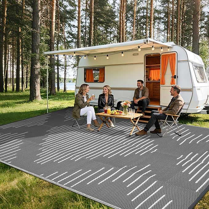 Garvee 10x14 Outdoor Area Rugs Waterproof Easy-Cleaning Plastic Reversible Rugs Indoor Outdoor RV Mat Carpet for Patio Backyard Porch RV Beach Picnic Grey White