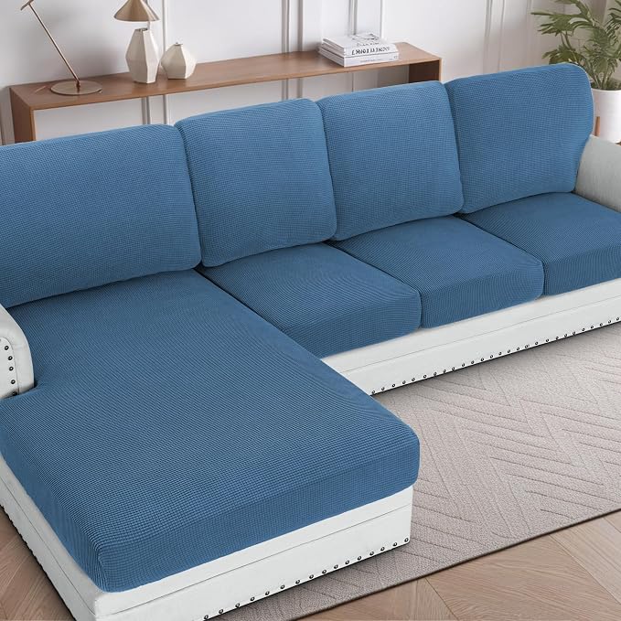 H.VERSAILTEX Sectional Couch Covers 1 Piece Chaise Slipcover L Shape Separate Cushion Couch Cover for Both Left/Right Sectional Couch (Seat Only: 1 Chaises, Dusty Blue)