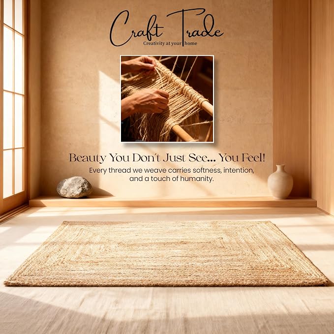 Craft Trade Hand Woven Large Jute Area Rug 6x9 ft – Reversible Braided Farmhouse Carpet for Living Room, Bedroom, Kitchen & Hallway, Rectangular Indoor Floor Rug