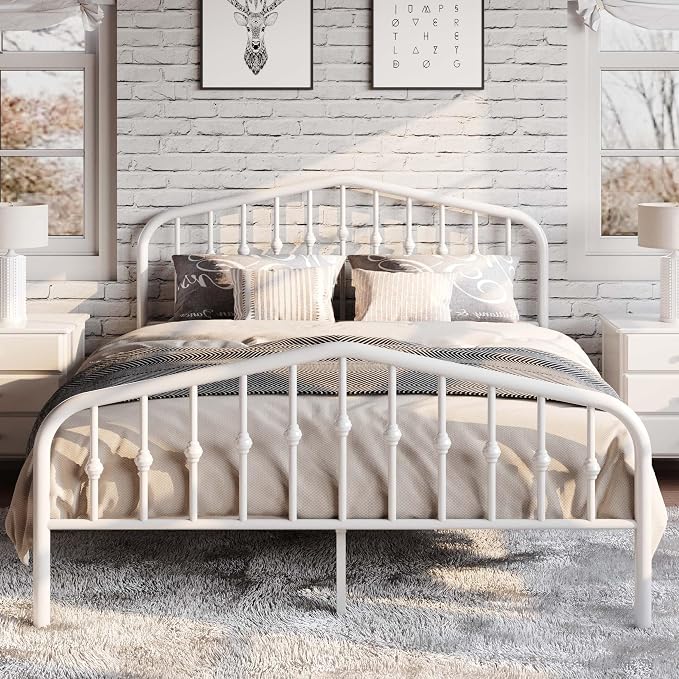 SHA CERLIN Queen Metal Bed Frame with Wrought Iron-Art Headboard, White | Victorian Style Metal Platform Bed Frame, Wrought Iron-Art Headboard and Footboard, Under-Bed Storage, No Box Spring Needed