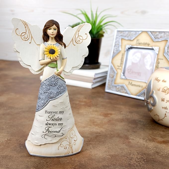 Elements Sister Angel Figurine by Pavilion, 6-1/2-Inch, Holding Sunflower, Inscription Forever My Sister Always My Friend,White
