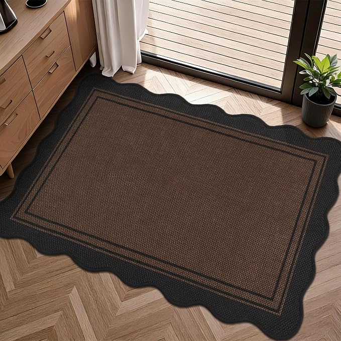 Easy Jute Kitchen Rug 2x3 Front Door Mat Washable Non Slip Entryway Rug Farmhouse Neutral Low Pile Scalloped Carpet for Entryway Proch Doorway
