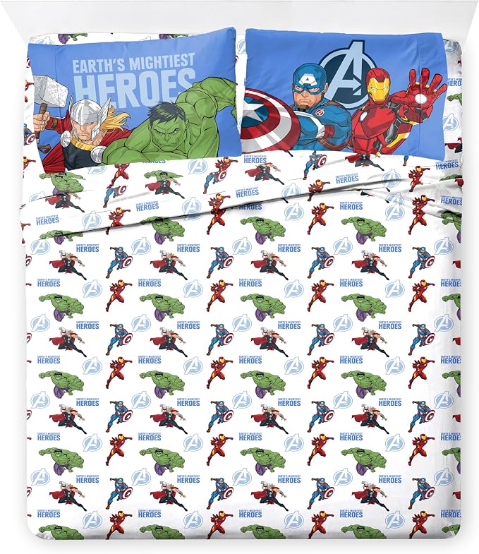 Jay Franco Kids Bed Set, Blue, Avengers, 7 Piece Full | Cozy Soft Bedding for Stylish Room Décor with Comforter, Sheets & Pillow Covers